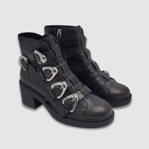 Aerosoles Gavyn Multi Buckle Biker Ankle Booties Crackled Black Leather Size 8.5
